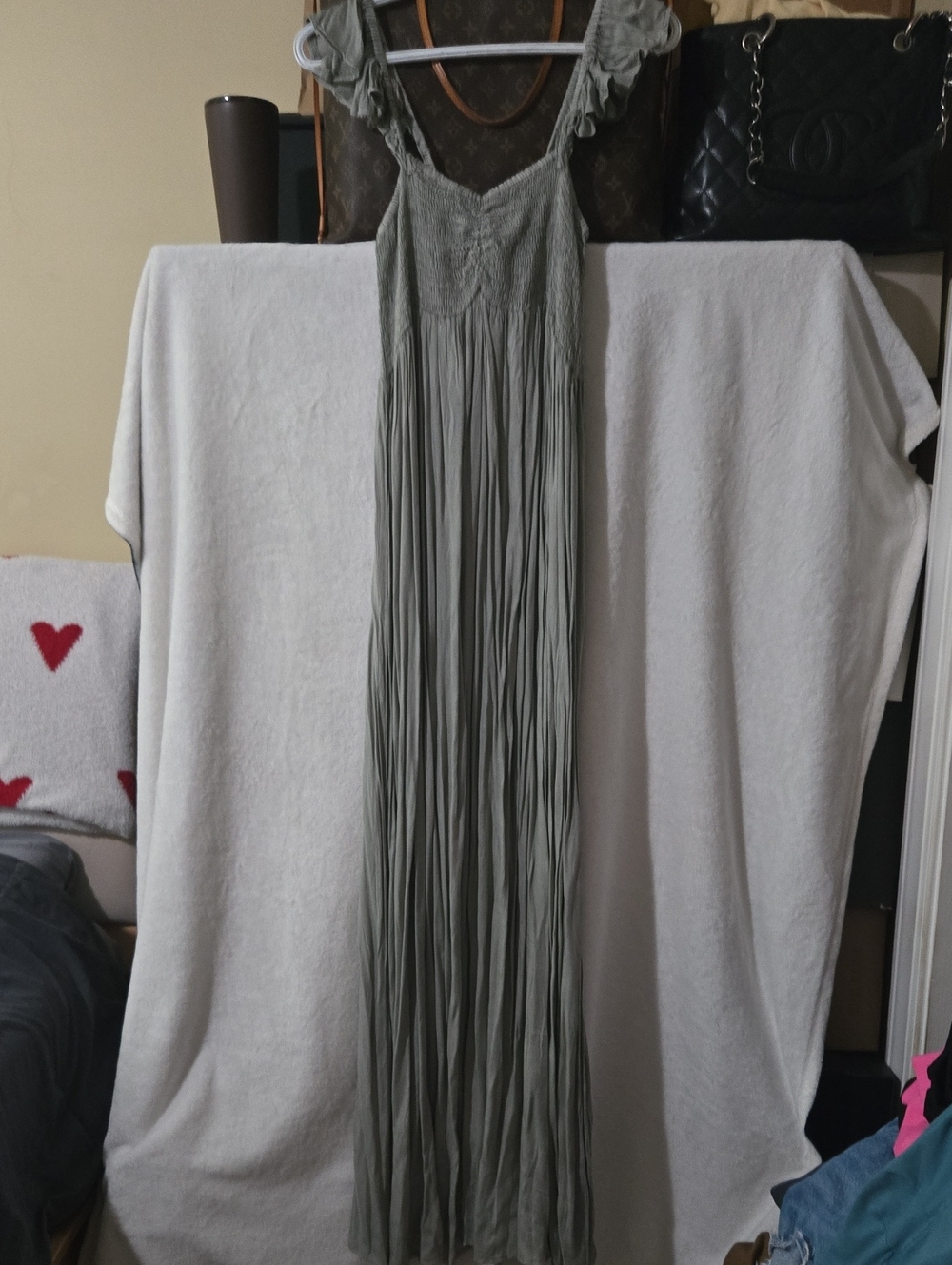 Forever 21 Olive Green Pleated Maxi Dress with Ruffle Straps